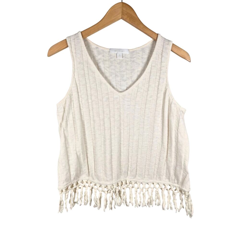 Eri + Ali Sleeveless Fringe Tassel Hem Textured Ribbed Knit Tank Top Cream XS